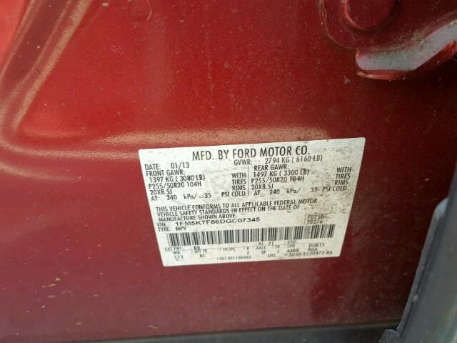 1FM5K7F86DGC07345 - 2013 FORD EXPLORER RED photo 10