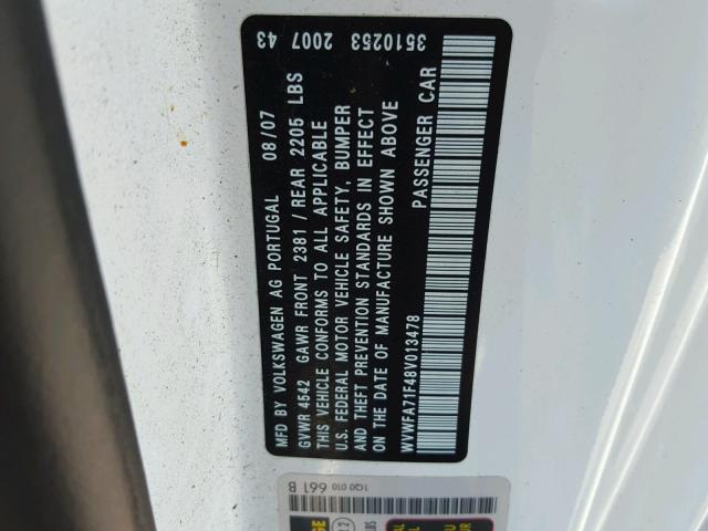 WVWFA71F48V013478 - 2008 VOLKSWAGEN EOS LUX Білий фото 10