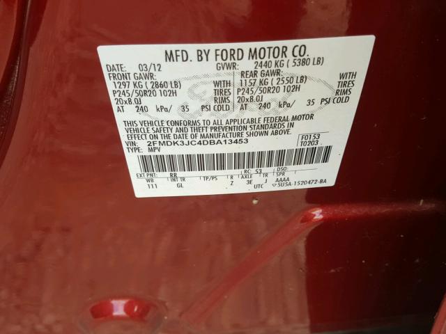 2FMDK3JC4DBA13453 - 2013 FORD EDGE SEL RED photo 10