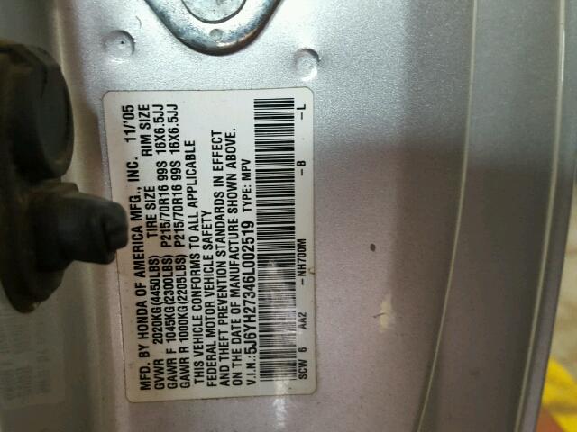 5J6YH27346L002519 - 2006 HONDA ELEMENT LX SILVER photo 10