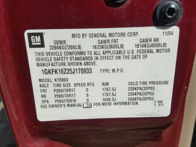 1GKFK16Z25J170933 - 2005 GMC YUKON XL K MAROON photo 10