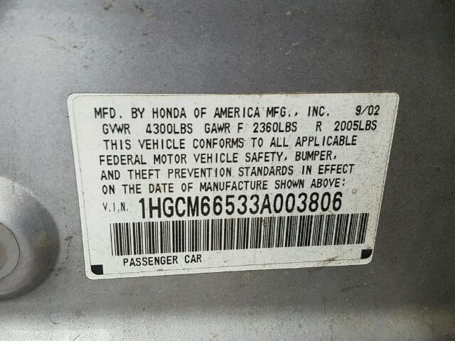 1HGCM66533A003806 - 2003 HONDA ACCORD EX SILVER photo 10