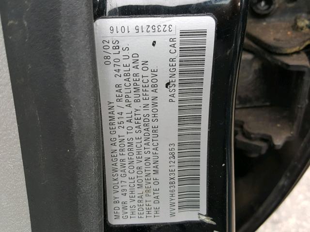 WVWYH63BX3E122853 - 2003 VOLKSWAGEN PASSAT GLX BLACK photo 10