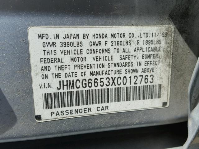 JHMCG6653XC012763 - 1999 HONDA ACCORD LX SILVER photo 10