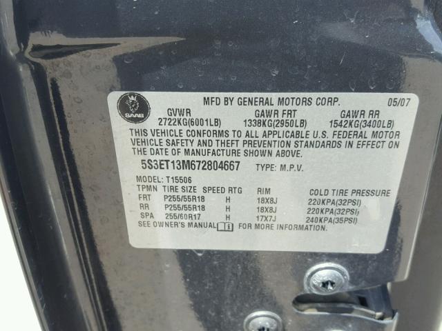 5S3ET13M672804667 - 2007 SAAB 9-7X 5.3I GRAY photo 10