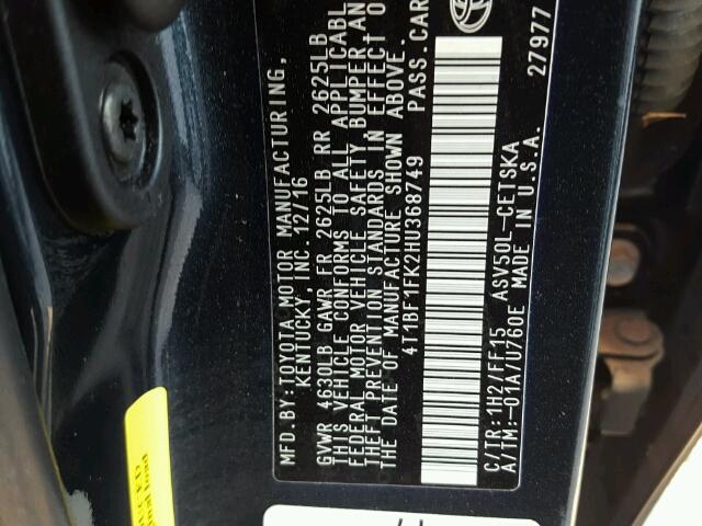 4T1BF1FK2HU368749 - 2017 TOYOTA CAMRY LE 蓝色 照片 10