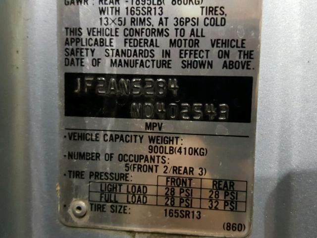 JF2AN52B4ND402543 - 1992 SUBARU LOYALE BLUE photo 10