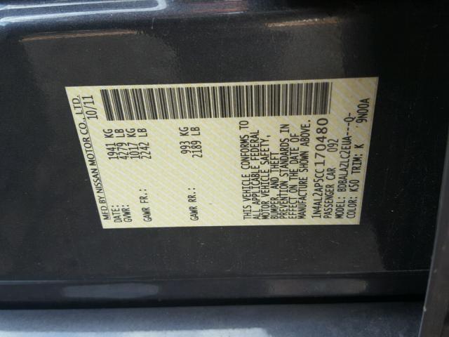 1N4AL2AP5CC170480 - 2012 NISSAN ALTIMA BAS GRAY photo 10