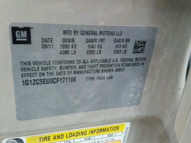 1G1ZC5EU0CF171106 - 2012 CHEVROLET MALIBU 1LT 金色 照片 10