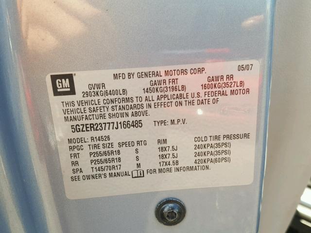 5GZER23777J166485 - 2007 SATURN OUTLOOK XR ლურჯი ფოტო 10