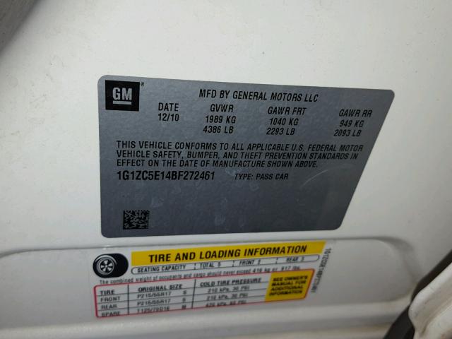 1G1ZC5E14BF272461 - 2011 CHEVROLET MALIBU 1LT WHITE photo 10