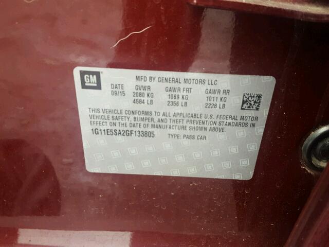 1G11E5SA2GF133805 - 2016 CHEVROLET MALIBU LIM 勃艮第红 照片 10