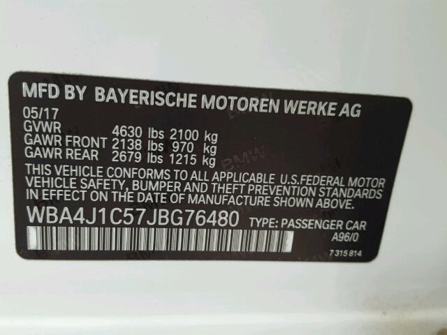 WBA4J1C57JBG76480 - 2018 BMW 430I GRAN WHITE photo 10