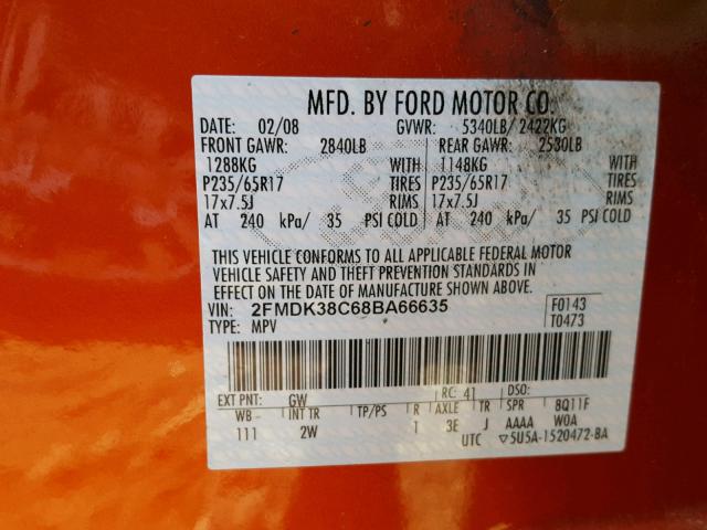 2FMDK38C68BA66635 - 2008 FORD EDGE SEL ORANGE photo 10