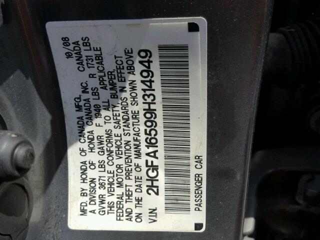 2HGFA16599H314949 - 2009 HONDA CIVIC GRAY photo 10