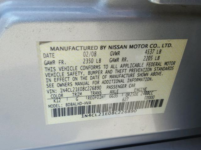 1N4CL21E08C226890 - 2008 NISSAN ALTIMA HYB SILVER photo 10