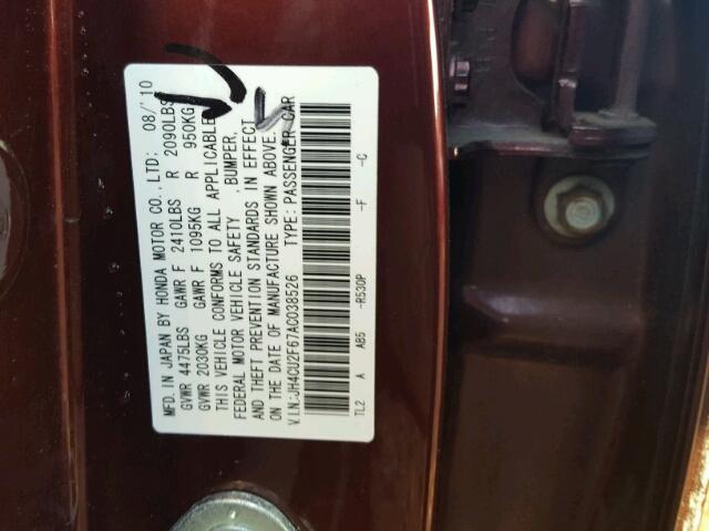 JH4CU2F67AC038526 - 2010 ACURA TSX BURGUNDY photo 10