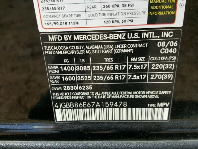 4JGBB86E67A159478 - 2007 MERCEDES-BENZ ML BLACK photo 10