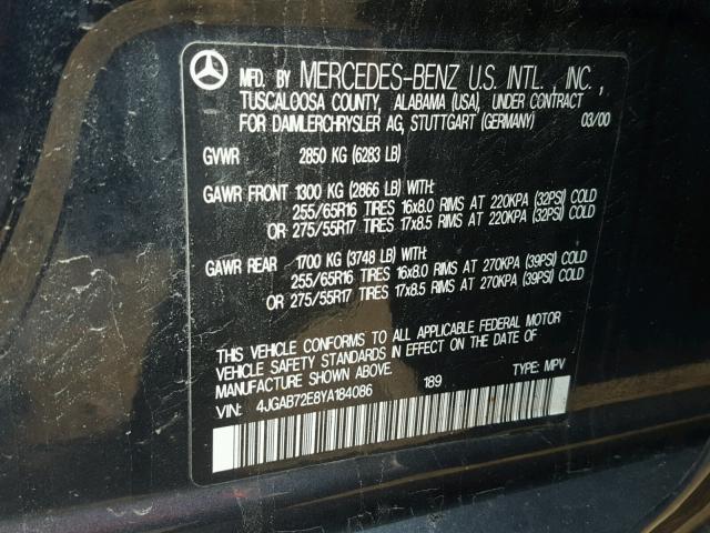 4JGAB72E8YA184086 - 2000 MERCEDES-BENZ ML 430 蓝色 照片 10