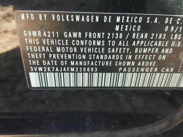 3VW2K7AJ4FM220893 - 2015 VOLKSWAGEN JETTA BASE 黑色 照片 10