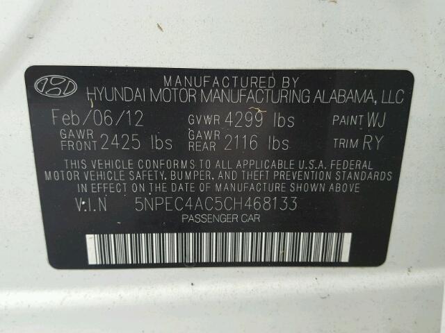 5NPEC4AC5CH468133 - 2012 HYUNDAI SONATA SE თეთრი ფოტო 10
