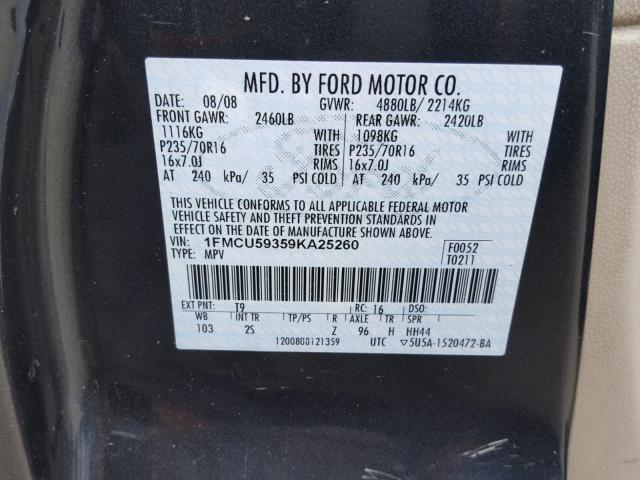 1FMCU59359KA25260 - 2009 FORD ESCAPE HYB GRAY photo 10