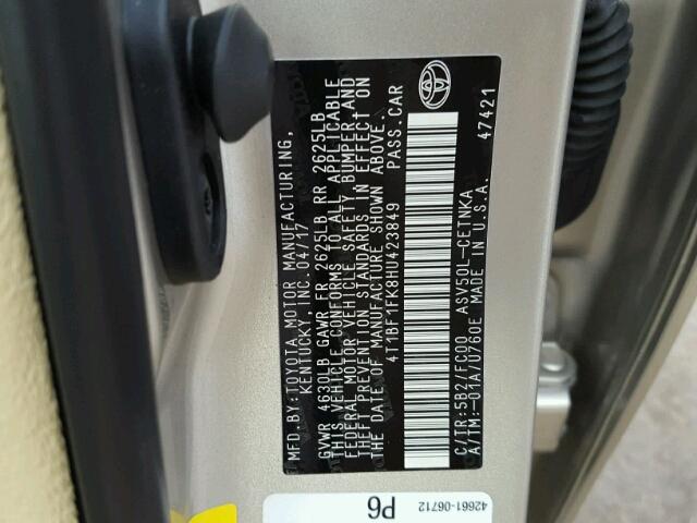 4T1BF1FK8HU423849 - 2017 TOYOTA CAMRY LE BEIGE photo 10