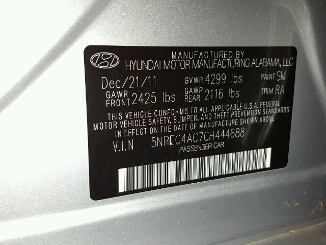 5NPEC4AC7CH444688 - 2012 HYUNDAI SONATA SILVER photo 10