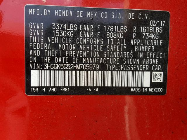 3HGGK5G52HM705979 - 2017 HONDA FIT LX RED photo 10