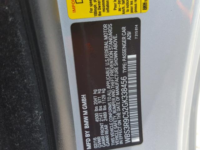 WBS3R9C52GK338456 - 2016 BMW M4 SILVER photo 10