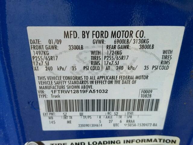 1FTRW12819FA51032 - 2009 FORD F150 SUPER BLUE photo 10