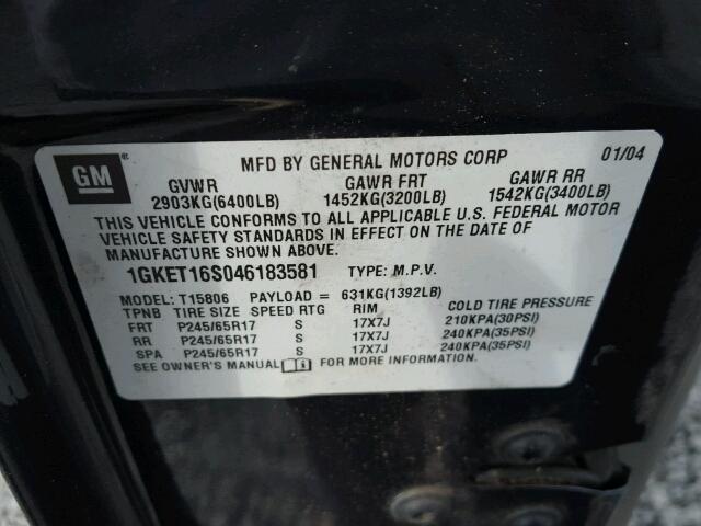 1GKET16S046183581 - 2004 GMC ENVOY XL BLACK photo 10