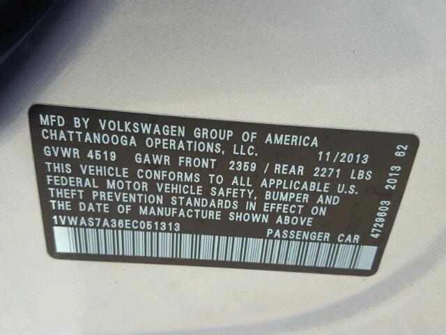 1VWAS7A36EC051313 - 2014 VOLKSWAGEN PASSAT SILVER photo 10