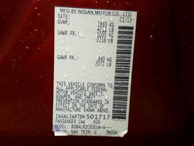 1N4AL3AP7DN501717 - 2013 NISSAN ALTIMA MAROON photo 10