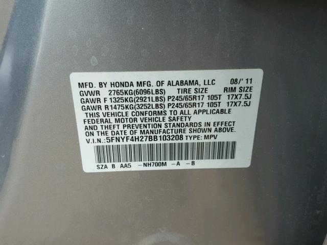 5FNYF4H27BB103208 - 2011 HONDA PILOT LX SILVER photo 10