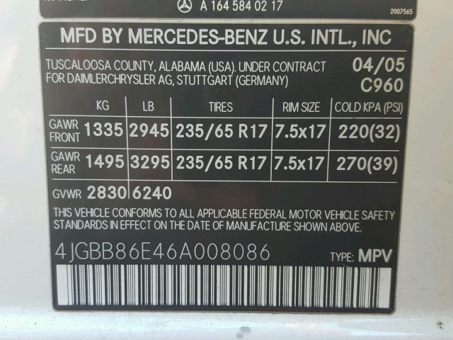 4JGBB86E46A008086 - 2006 MERCEDES-BENZ ML 350 WHITE photo 10