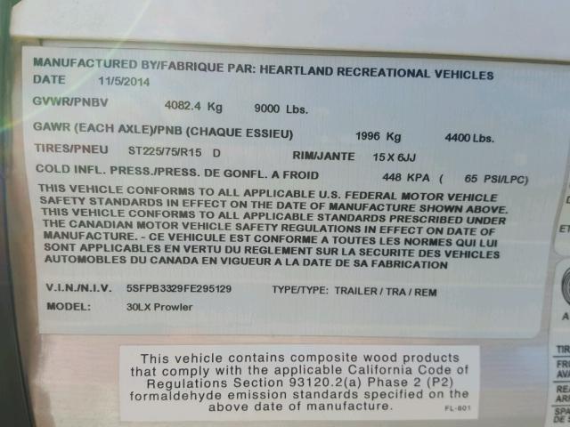 5SFPB3329FE295129 - 2015 HEART LAND PROWLER 银色 照片 10