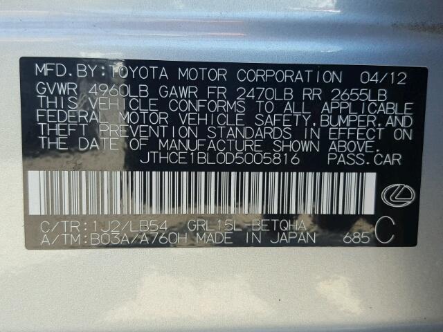 JTHCE1BL0D5005816 - 2013 LEXUS GS SILVER photo 10