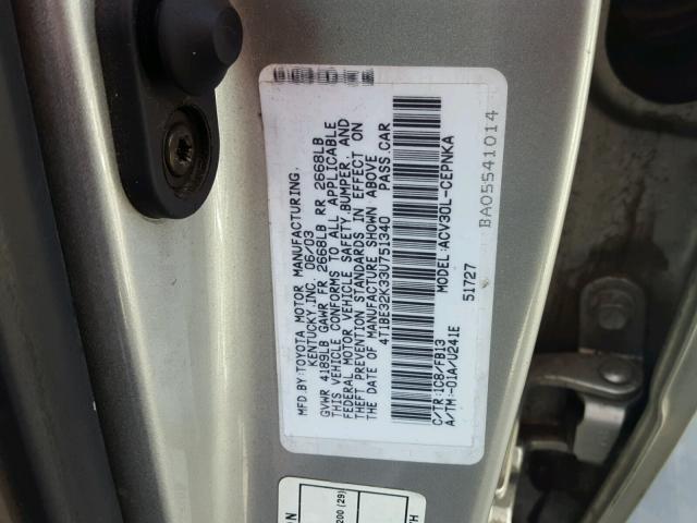 4T1BE32K33U751340 - 2003 TOYOTA CAMRY LE ბეჟი ფოტო 10