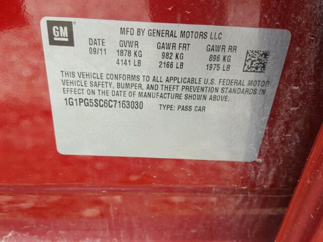 1G1PG5SC6C7163030 - 2012 CHEVROLET CRUZE LT RED photo 10