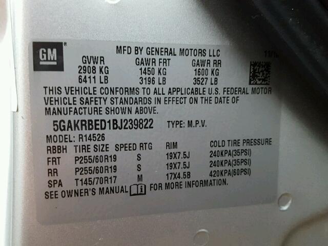 5GAKRBED1BJ239822 - 2011 BUICK ENCLAVE SILVER photo 10