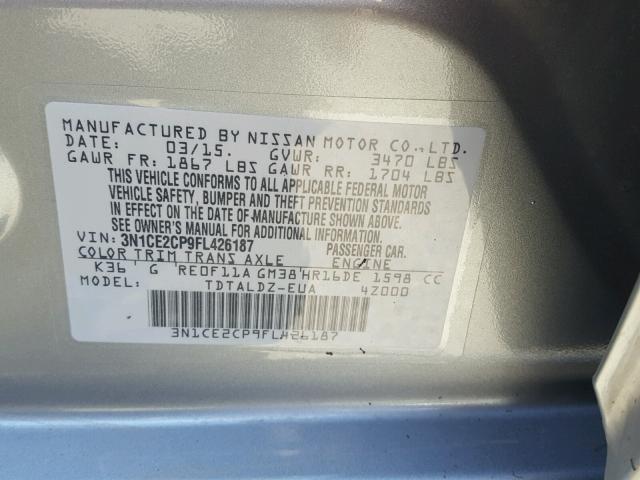 3N1CE2CP9FL426187 - 2015 NISSAN VERSA NOTE GRAY photo 10