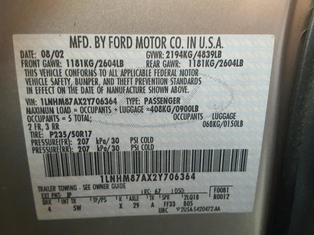 1LNHM87AX2Y706364 - 2002 LINCOLN LS 银色 照片 10