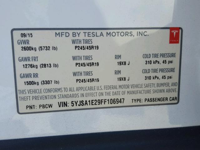 5YJSA1E29FF106947 - 2015 TESLA MODEL S Սպիտակ լուսանկար 10