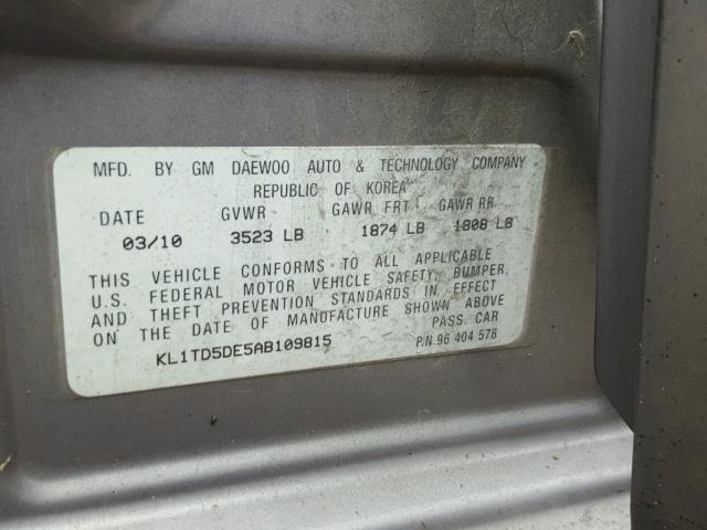 KL1TD5DE5AB109815 - 2010 CHEVROLET AVEO LS GRAY photo 10