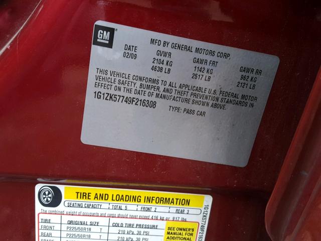 1G1ZK57749F216308 - 2009 CHEVROLET MALIBU LTZ 勃艮第红 照片 10