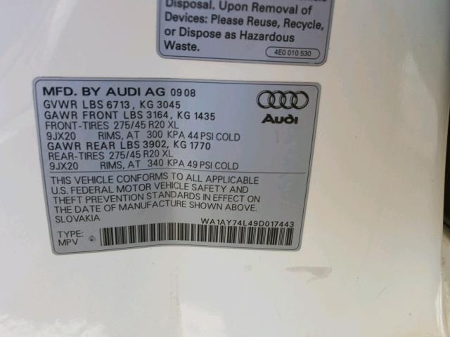 WA1AY74L49D017443 - 2009 AUDI Q7 3.6 QUA WHITE photo 10