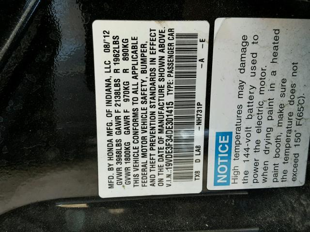 19VDE3F34DE301415 - 2013 ACURA ILX HYBRID BLACK photo 10