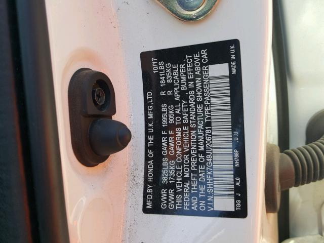 SHHFK7G49JU206781 - 2018 HONDA CIVIC SPOR WHITE photo 10