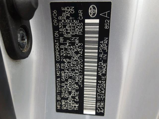 JTKDE177270174313 - 2007 TOYOTA SCION TC 银色 照片 10